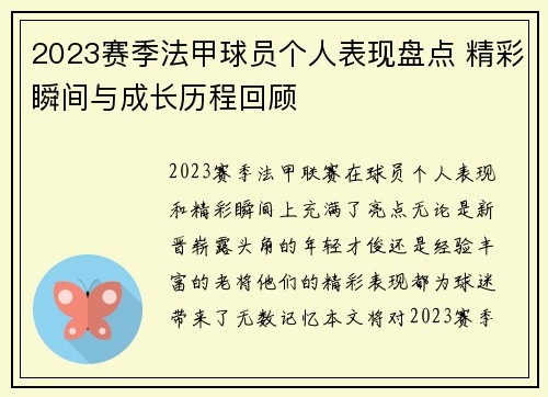 2023赛季法甲球员个人表现盘点 精彩瞬间与成长历程回顾