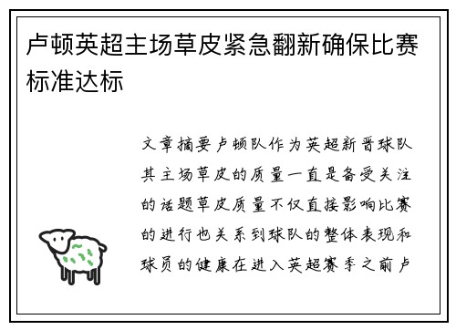 卢顿英超主场草皮紧急翻新确保比赛标准达标