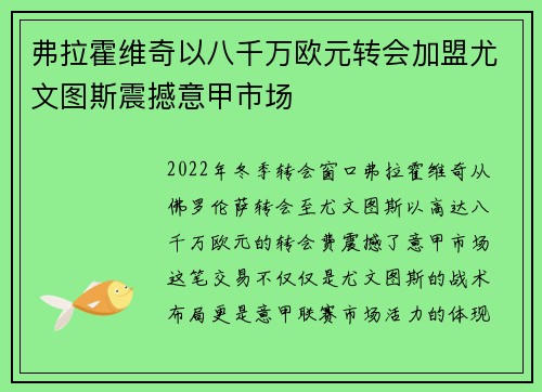 弗拉霍维奇以八千万欧元转会加盟尤文图斯震撼意甲市场 弗拉霍维奇以八千万欧元转会加盟尤文图斯震撼意甲市场
